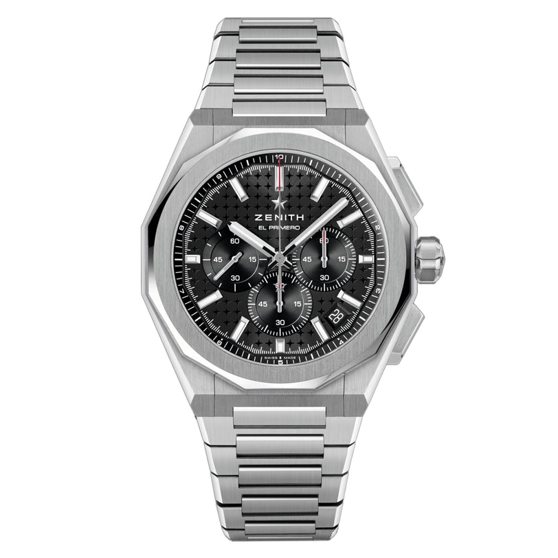 The Zenith Defy Skyline Chronograph is a stainless steel wristwatch featuring a black patterned dial and a metal bracelet.