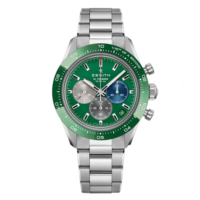 The Zenith Chronomaster Sport is a stainless steel wristwatch with a green ceramic bezel, three subdials, a metal link bracelet, and features the El Primero 3600 movement for precise timekeeping and chronograph functions.