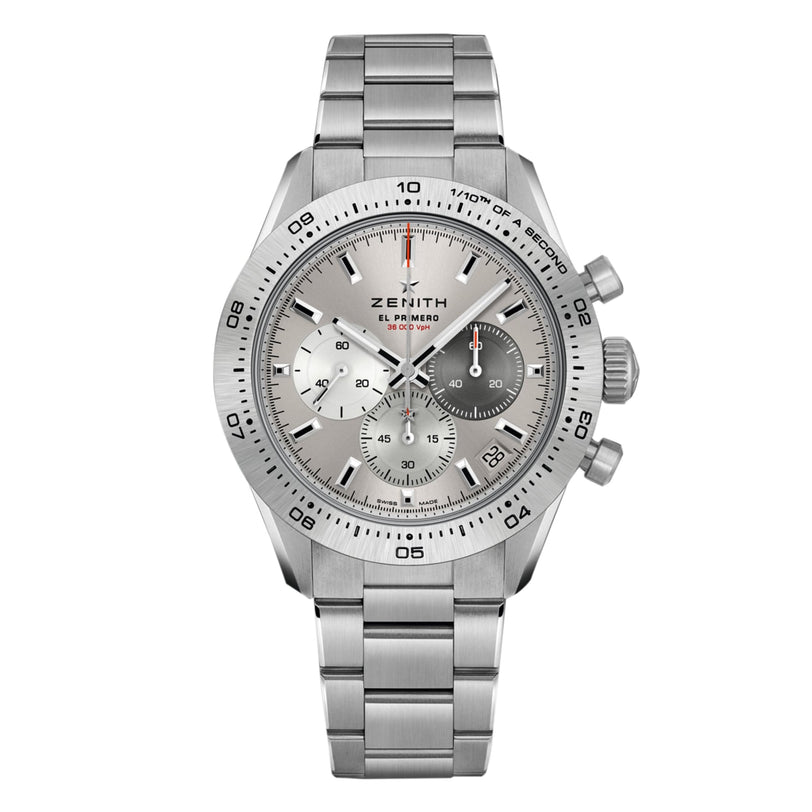 The Zenith Chronomaster Sport is a high-frequency chronograph wristwatch with a stainless steel case, silver dial, three sub-dials, date display, and metal bracelet, displayed against a white background.