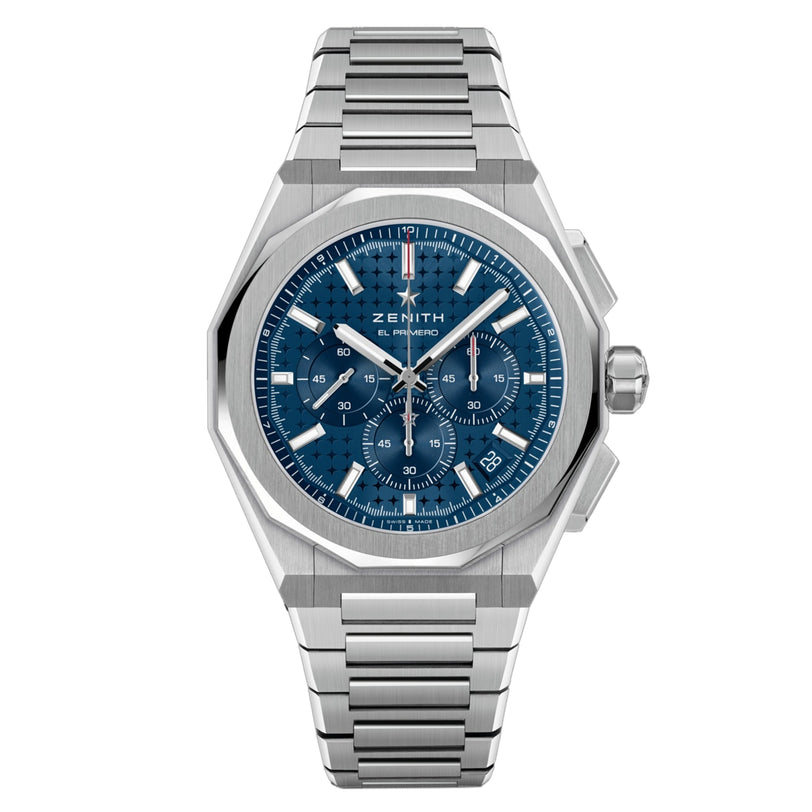 The Zenith Defy Skyline Chronograph is a stainless steel wristwatch with the El Primero 3600 movement, blue patterned dial, silver indices, three subdials, date display, and an interchangeable bracelet.