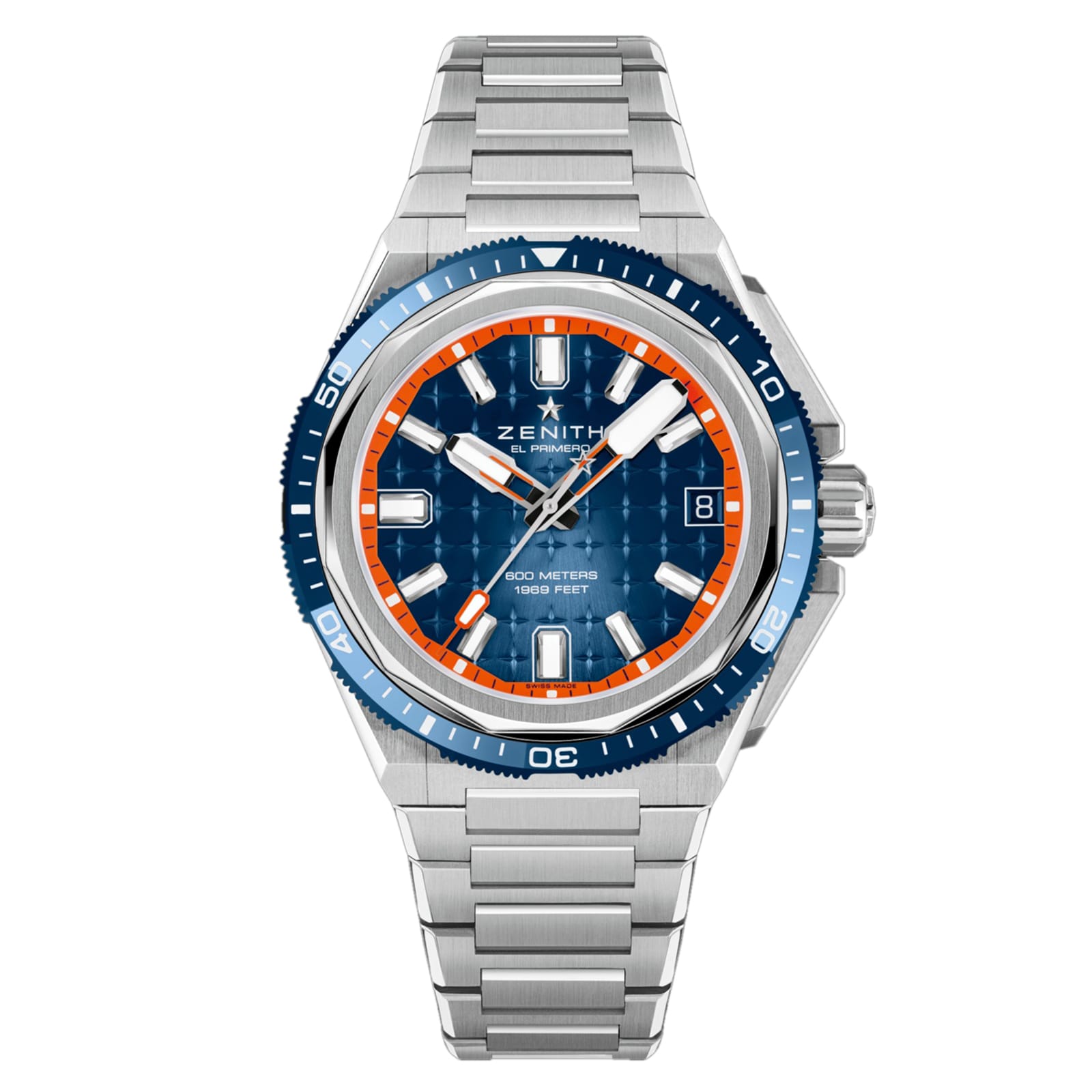 The Zenith Defy Extreme Diver is a stainless steel wristwatch featuring a blue and orange bezel, blue dial, silver hour markers, date window at 3 o’clock, El Primero automatic movement, and metal bracelet.