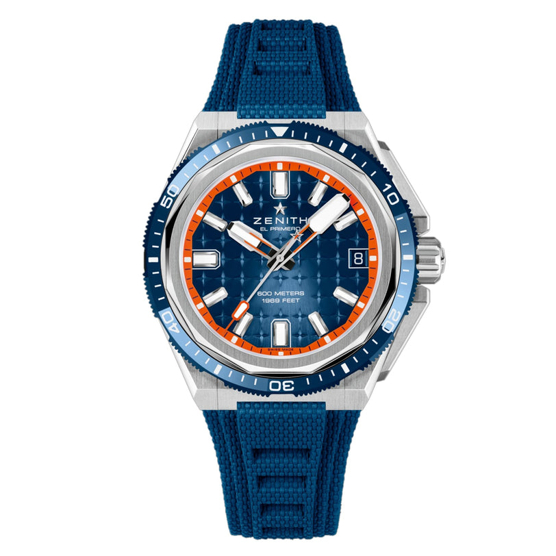 The Zenith Defy Extreme Diver features a titanium case, blue strap, blue and orange bezel, and a blue patterned dial with date display and luminous hour markers.