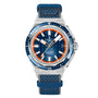 The Zenith Defy Extreme Diver features a titanium case, blue strap, blue and orange bezel, blue textured dial, white hands, orange hour markers, date display, and is water-resistant to 1000 meters.