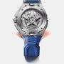 Close-up of the Zenith Defy Extreme Diver, showcasing its titanium case, visible automatic movement, and blue textured strap.