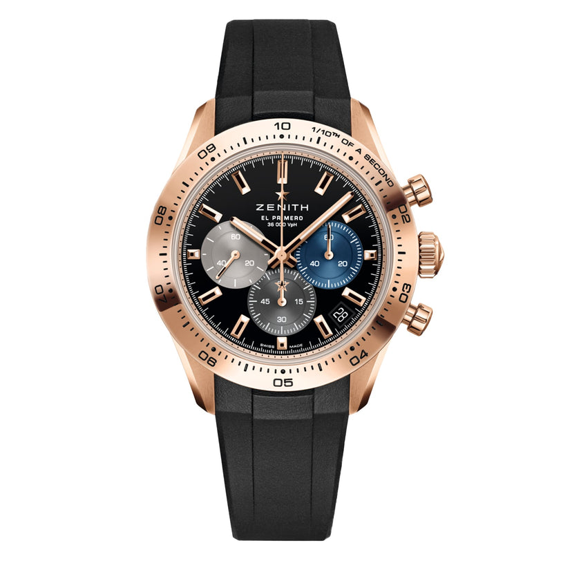 The Zenith Chronomaster Sport is a rose gold wristwatch with a black dial, three subdials, and a black rubber strap.