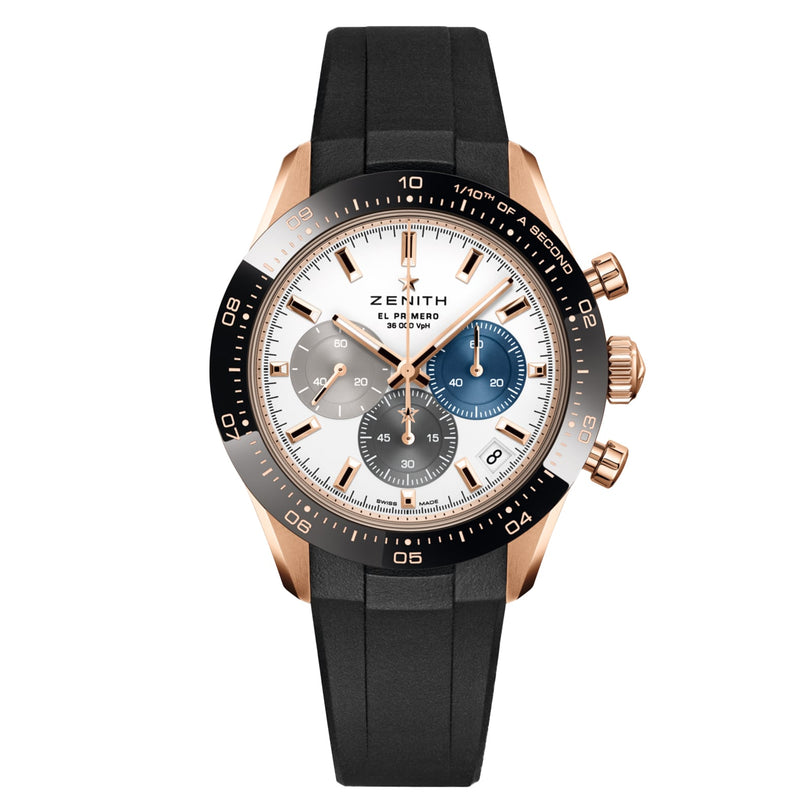 A Zenith Chronomaster Sport wristwatch in rose gold and black, featuring three sub-dials, a white face, and a black rubber strap.