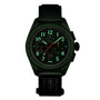 A Zenith Limited Edition Pilot Big Date Flyback Porter wristwatch with luminous green markers, khaki-green ceramic case, black strap, and two subdials is shown against a white background.