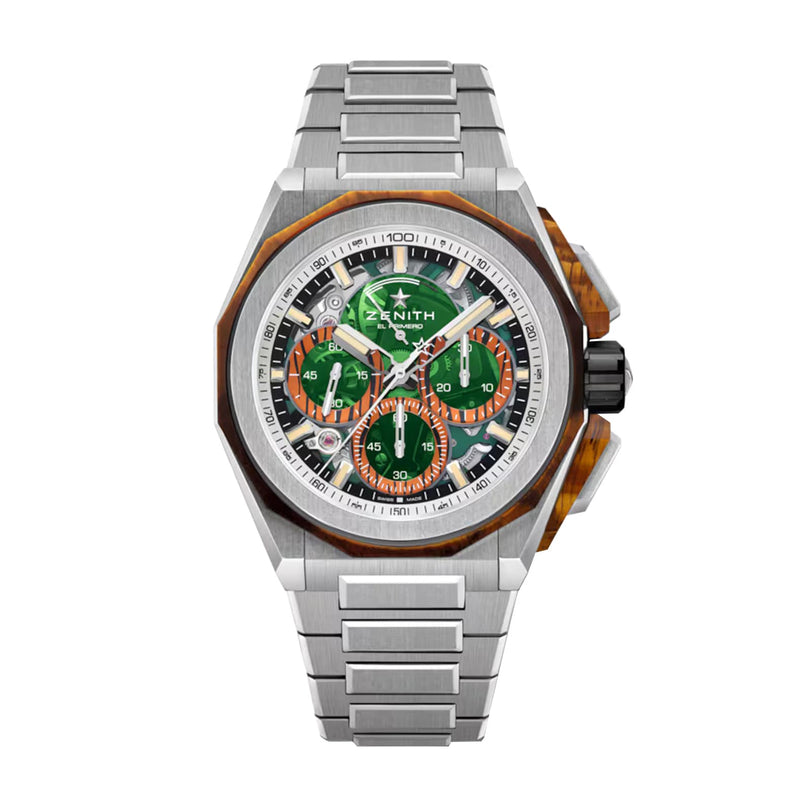 The Zenith Defy Extreme Jungle Edition watch features a green and brown Tiger’s Eye-inspired chronograph dial with three subdials, a stainless steel bracelet, and the Zenith brand name on the face.