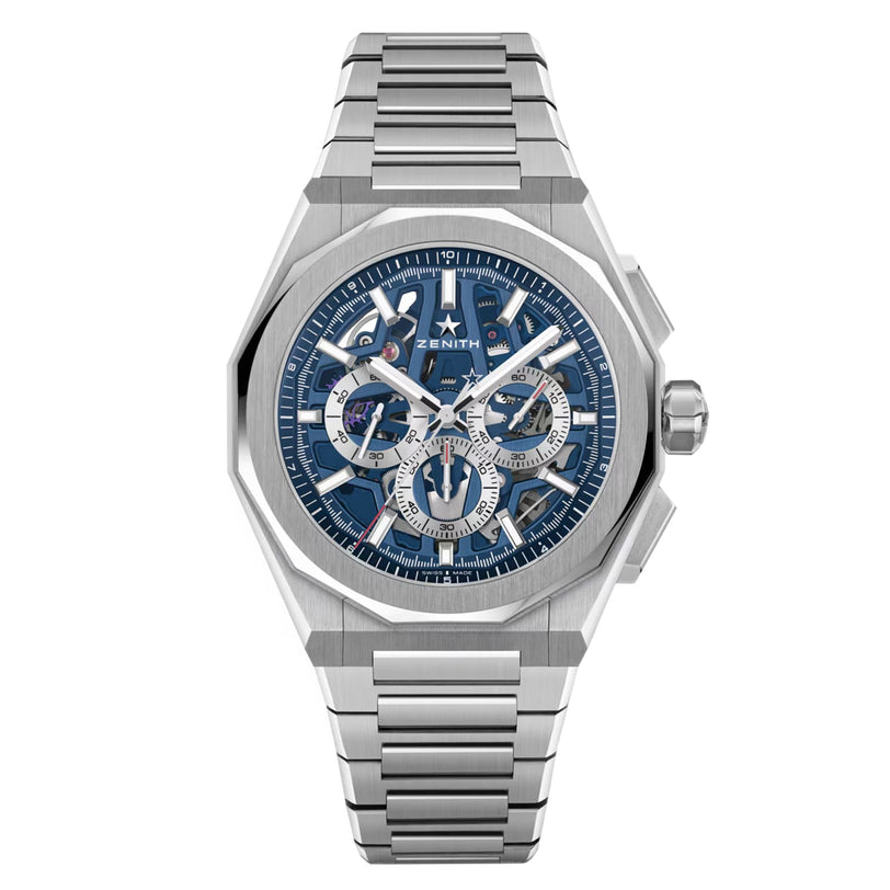 Zenith Defy Skyline Skeleton - Blue: features a silver wristwatch with a blue skeleton dial, silver markers, and a metal link bracelet.