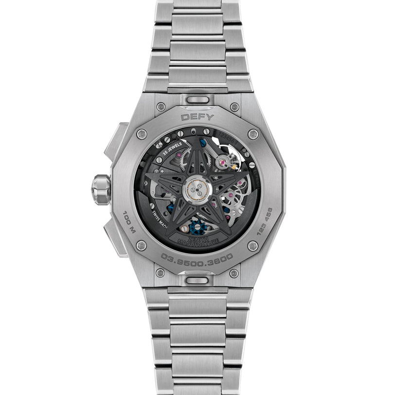 The Zenith Defy Skyline Skeleton - Black is a silver metal watch featuring a skeleton back that reveals intricate gears and mechanical components.