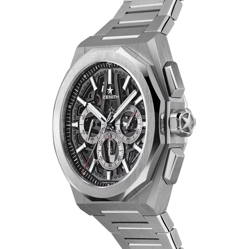 Zenith Defy Skyline Skeleton - Black chronograph watch with a skeleton dial and metal bracelet, viewed from an angle.