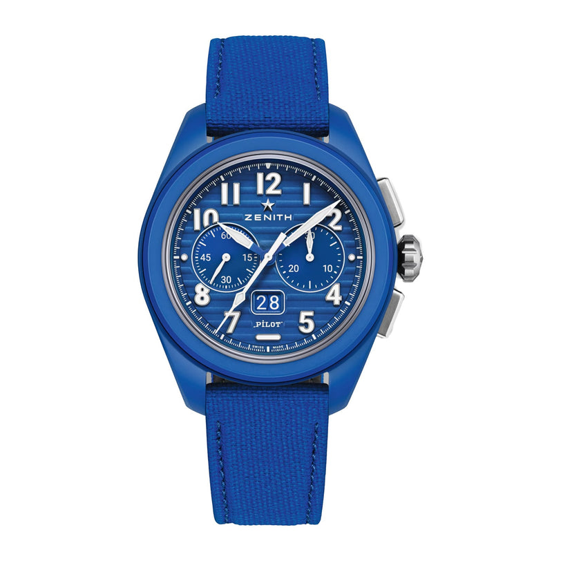 A blue Zenith Limited Edition Pilot Big Date Flyback 160th Anniversary watch with a fabric strap, chronograph subdials, white numerals on the dial, and a date display at 6 o’clock.