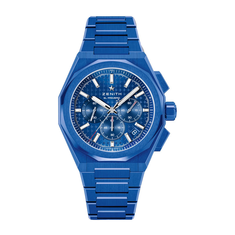 The Zenith Limited Edition Defy Skyline Chronograph 160th Anniversary Edition features a blue dial, metal bracelet, three subdials powered by El Primero 3600, date window, and luminous hands—a standout among exclusive timepieces.