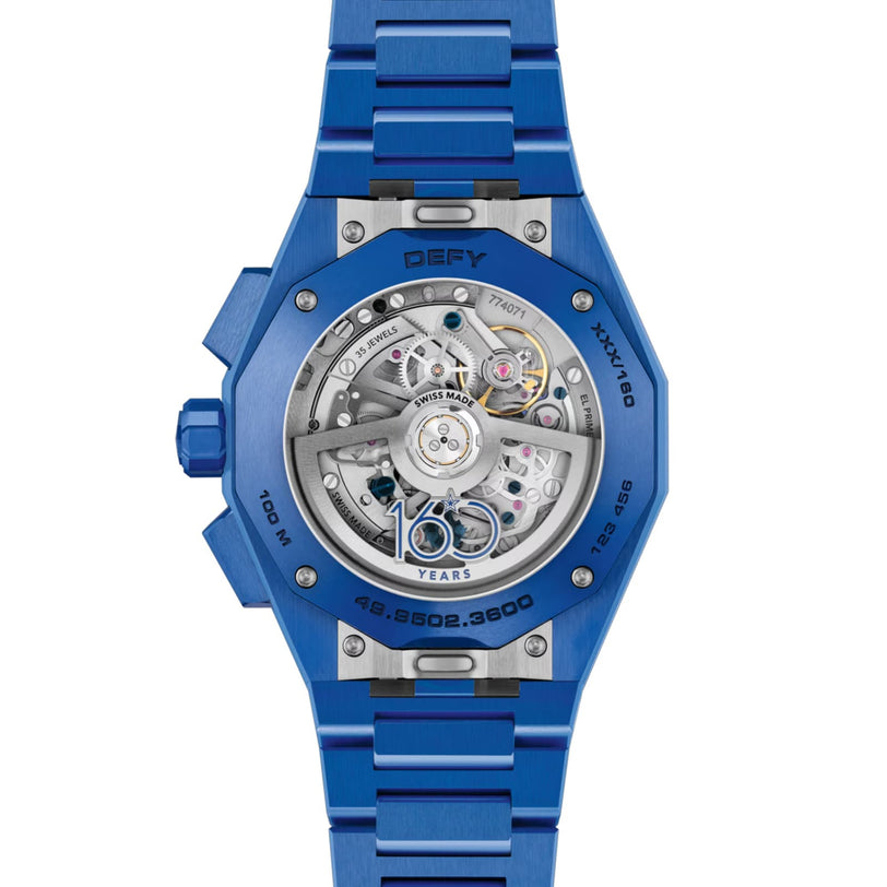 The Zenith Limited Edition Defy Skyline Chronograph 160th Anniversary Edition features a blue design, open case back revealing the El Primero 3600 movement, and a special “160 Years” inscription—a striking tribute to collectible timepieces.
