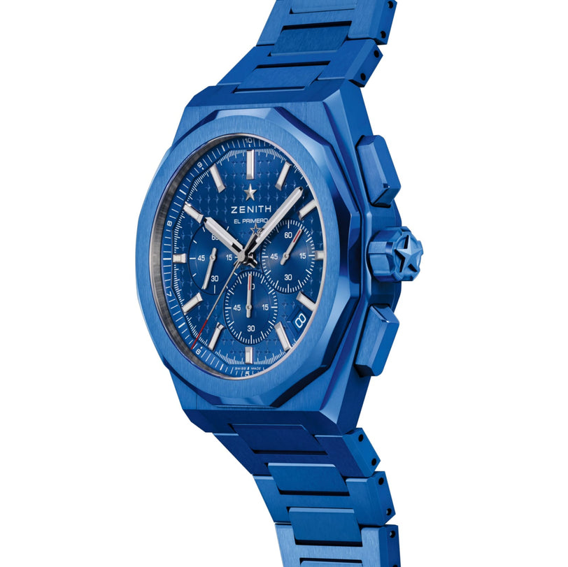 The Zenith Limited Edition Defy Skyline Chronograph 160th Anniversary Edition features a blue dial, El Primero 3600 movement, blue metal strap, octagonal bezel, and visible subdials—a striking limited edition timepiece.