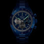 The Zenith Limited Edition Chronomaster Sport 160th Anniversary features a blue dial, three subdials, tachymeter bezel, and metal bracelet, highlighting high-frequency timekeeping, front view on a black background.