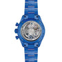 Zenith Limited Edition Chronomaster Sport 160th Anniversary features a blue metal wristwatch with a transparent back showcasing the El Primero 3600 movement and special engravings around the case.