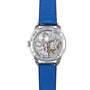 Back view of the Zenith G.F.J Calibre 135 luxury watch, showcasing its exposed mechanical movement and blue leather strap.