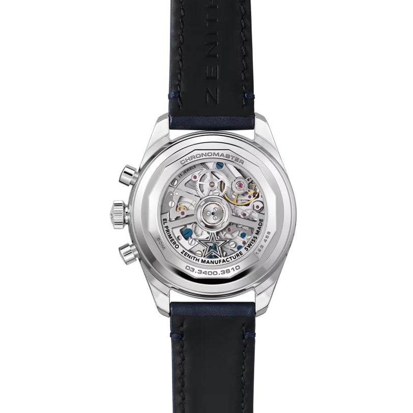 The back of a Zenith Chronomaster Original Lapis Lazuli watch, revealing its exposed mechanical movement and black leather strap.