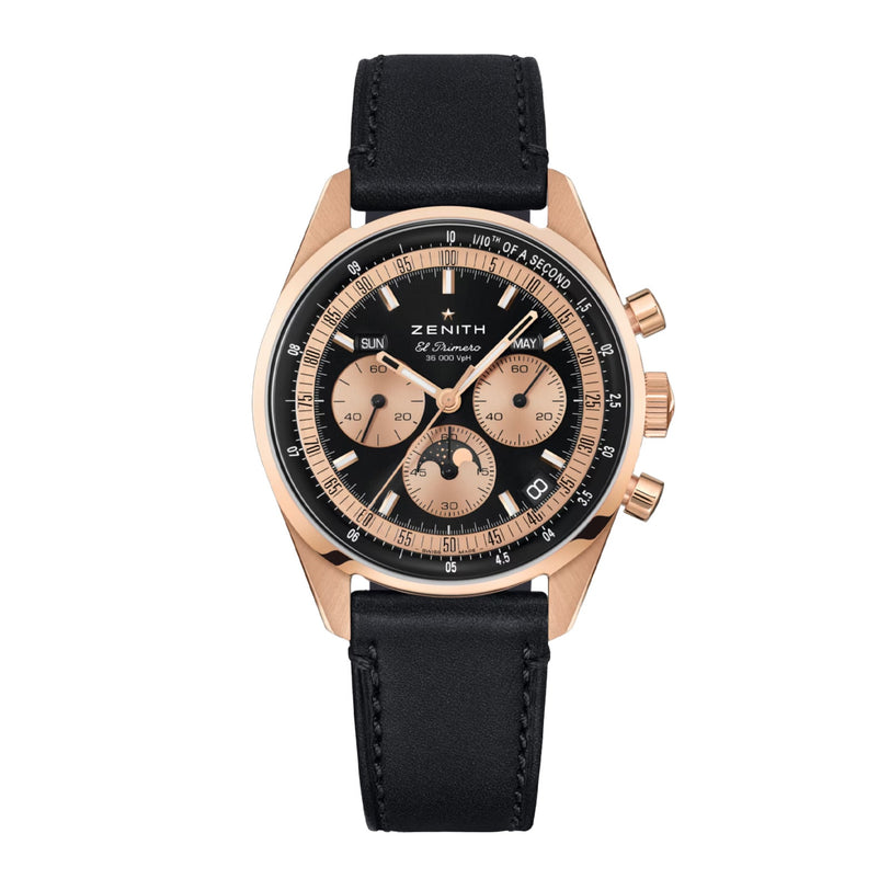 The Zenith Chronomaster Original is a gold and black chronograph wristwatch featuring a black leather strap and three subdials.