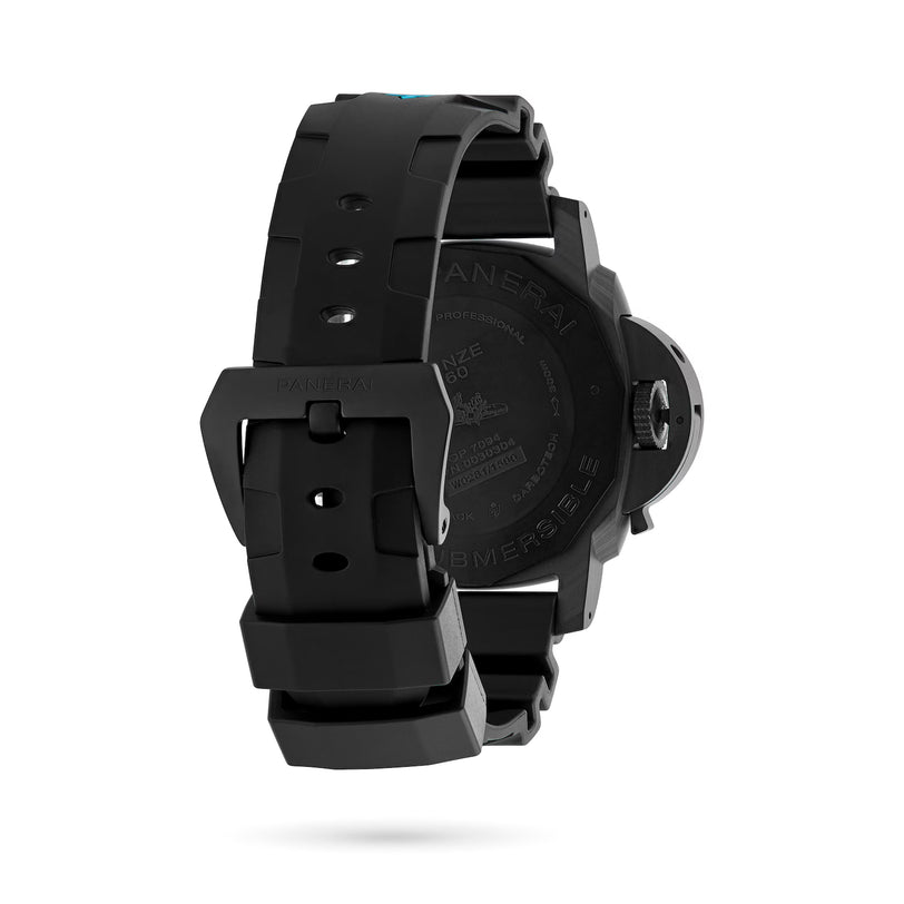 The Panerai Submersible Carbotech divers watch is displayed from the back, featuring a rubber strap, engraved case back, and clasp. Its bold, sporty look boasts a durable carbon fibre case.