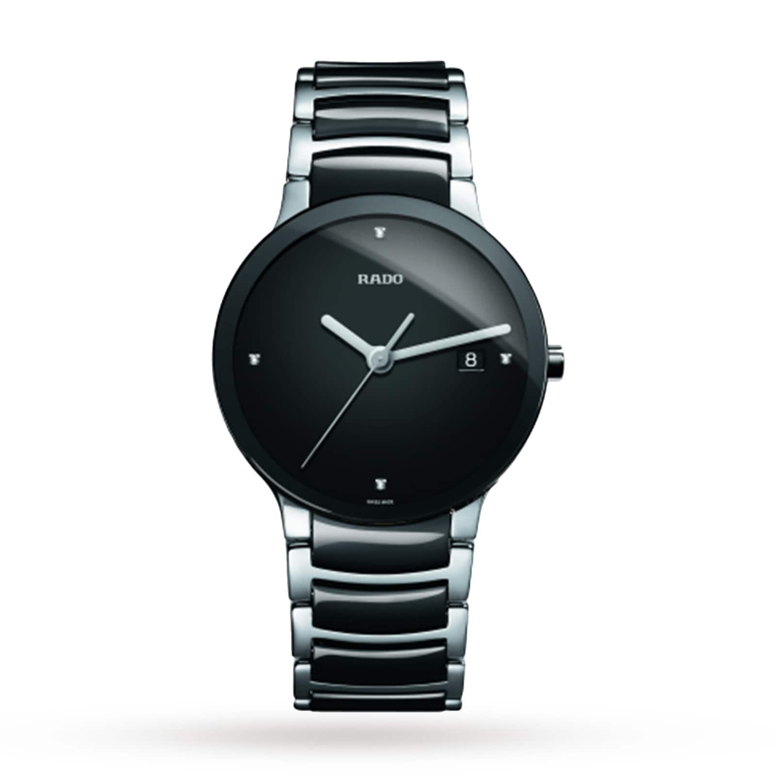 The Rado Centrix Diamonds men’s watch features a black dial, stainless steel band with high-tech ceramic accents, silver hands, four diamond hour markers, and a date window at 3 o’clock.