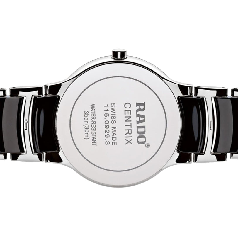 Back view of the Rado Centrix Diamonds men’s watch, showing a stainless steel case with high-tech ceramic, Swiss made label, model 115.0929.3, and 3 bar (30 m) water resistance.