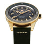 The Rado Captain Cook Automatic Bronze features a gold-tone bronze case, dark green bezel, black dial, and green leather strap, displayed here showing the time as 1:40.