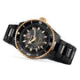 The Rado Captain Cook High-Tech Ceramic wristwatch features a black ceramic band, gold bezel, black dial with luminous markers, and high-tech ceramic elements, showcased at an angle on a white background.