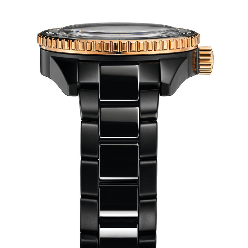 Side view of the Rado Captain Cook High-Tech Ceramic wristwatch, featuring a gold bezel and crown with a polished black ceramic bracelet.