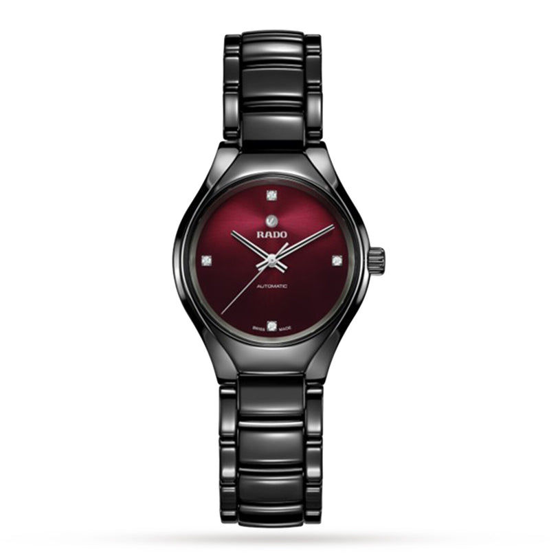 The Rado True Round Automatic Diamonds is a black ceramic wristwatch featuring a dark red dial, silver hour and minute hands, four diamond hour markers, and RADO AUTOMATIC branding on the face.