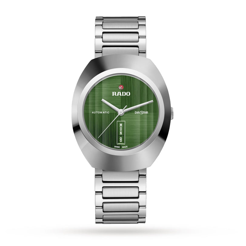 A Rado DiaStar Original wristwatch with a green dial, automatic movement, day/date display, sapphire crystal, and stainless steel link band is shown on a white background.