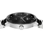 Side view of the Rado Centrix Automatic Diamonds watch featuring a black dial, diamond hour markers, and a silver metal case and bracelet. Its sapphire crystal protects the face, and the crown is adorned with an anchor symbol.