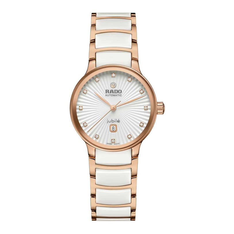 The Rado Centrix Automatic Diamonds watch features a rose gold and white high-tech ceramic band, round white dial, gold hour markers, and date display.