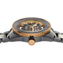 A close-up side view of the Rado Captain Cook High-Tech Ceramic Skeleton wristwatch, featuring a black and gold bezel, metallic casing, logoed crown, and a partially visible skeletonized dial powered by the R808 movement.