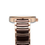 Side view of the Rado Centrix, a luxury automatic wristwatch featuring a rose gold metal link band, round flat bezel, and detailed crown—highlighting the refined craftsmanship of this elegant timepiece.