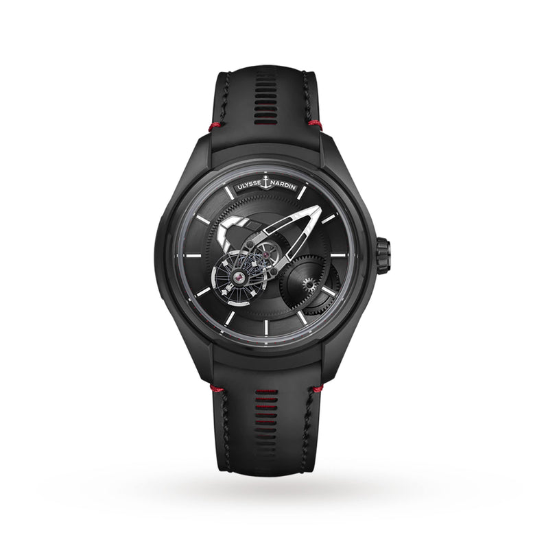 The Ulysse Nardin Freak X Ti Black showcases a skeleton dial with visible gears, bold hour and minute hands, and a black strap accented by red stitching.