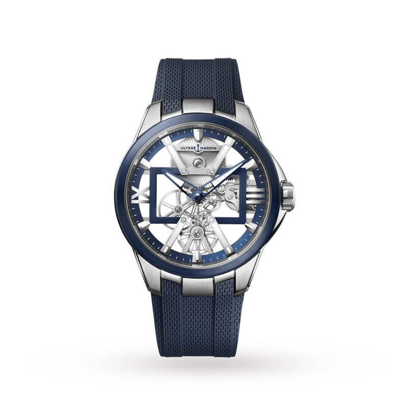 The Ulysse Nardin Blast Skeleton X showcases a skeleton dial with visible mechanics, a blue strap, and silver case, displayed against a white background.