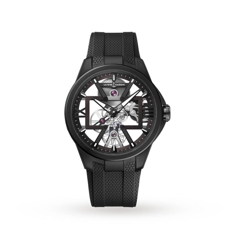 The Ulysse Nardin Blast Skeleton X features a black skeleton dial with visible gears, black hour markers, and a textured strap, showcased on a white background.