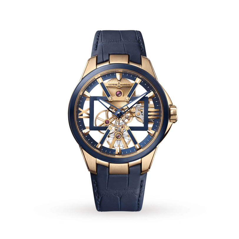 The Ulysse Nardin Blast Skeleton X is a luxury wristwatch with a blue leather strap, rose gold case, and an iconic Skeleton X dial that elegantly reveals the watch’s intricate inner mechanics.