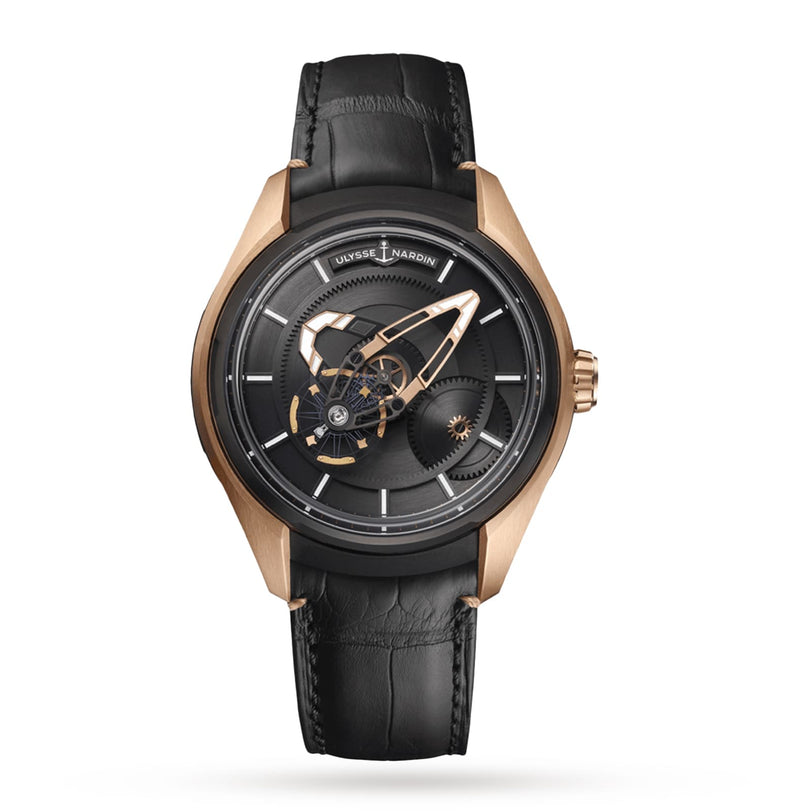 The Ulysse Nardin Freak X Rose Gold watch features a black leather strap, black dial, rose gold case, and visible gears—exemplifying the distinctive craftsmanship of the Freak X collection.