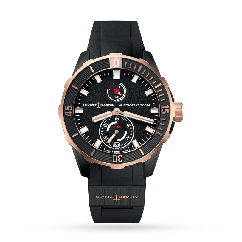 The Ulysse Nardin Diver 44 is a luxury dive watch featuring a black strap, rose gold accents, and two subdials on a black dial.