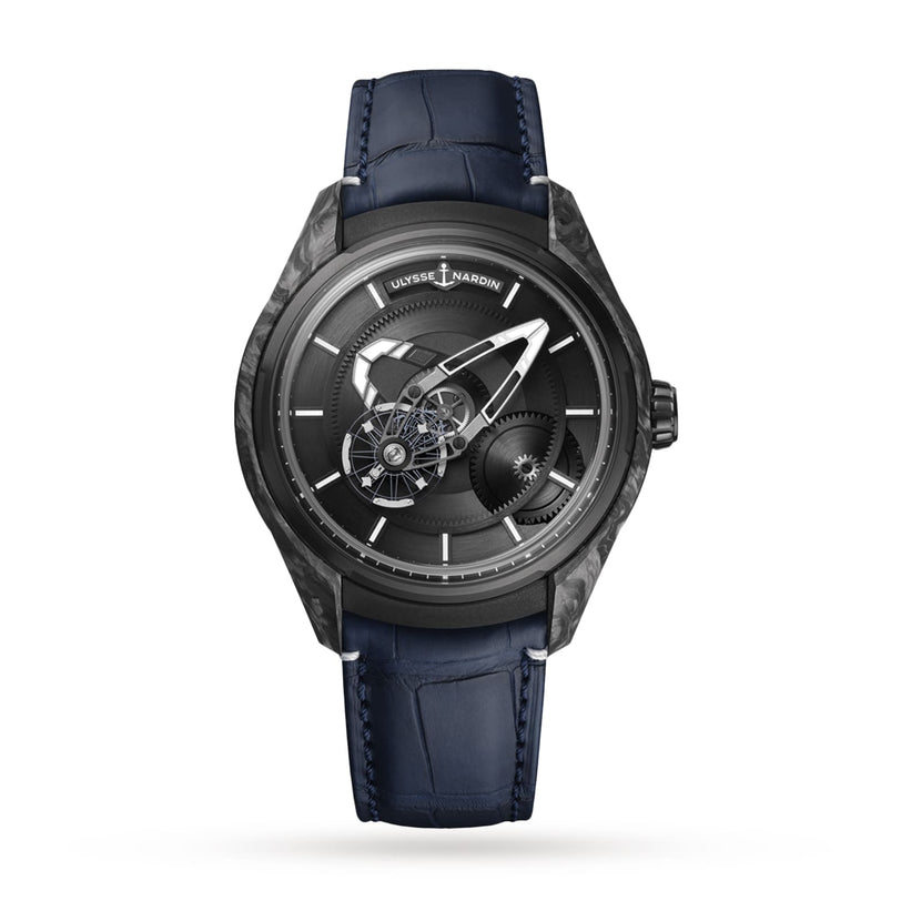 The Ulysse Nardin Freak X Carb is a luxury wristwatch with a dark skeleton dial, exposed mechanics, blue leather strap, and advanced Carbonium elements, featuring the iconic brand name on its face.