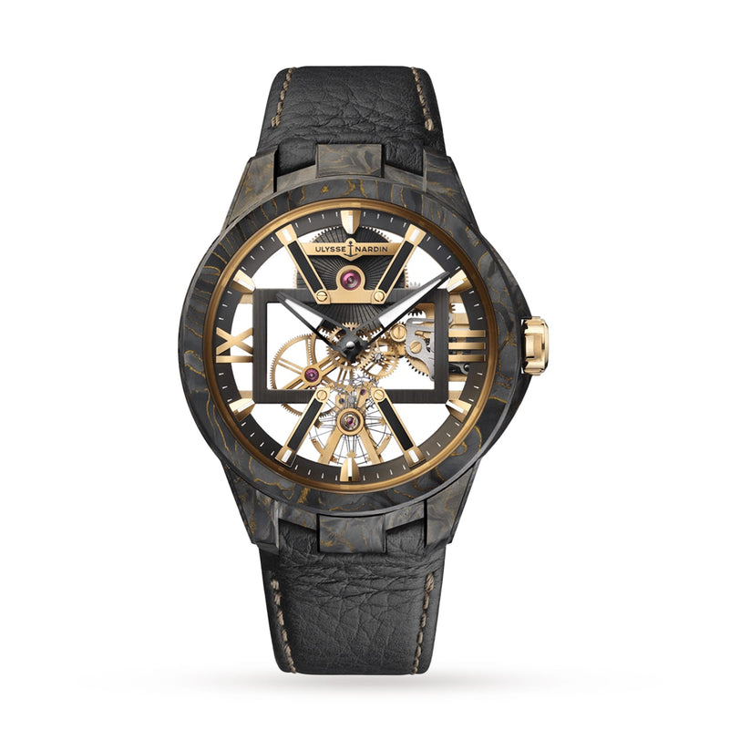 The Ulysse Nardin Blast Skeleton X luxury wristwatch showcases a black and gold skeleton silhouette dial with exposed gears, tourbillon movement, a black leather strap, and displays the time 1:15.