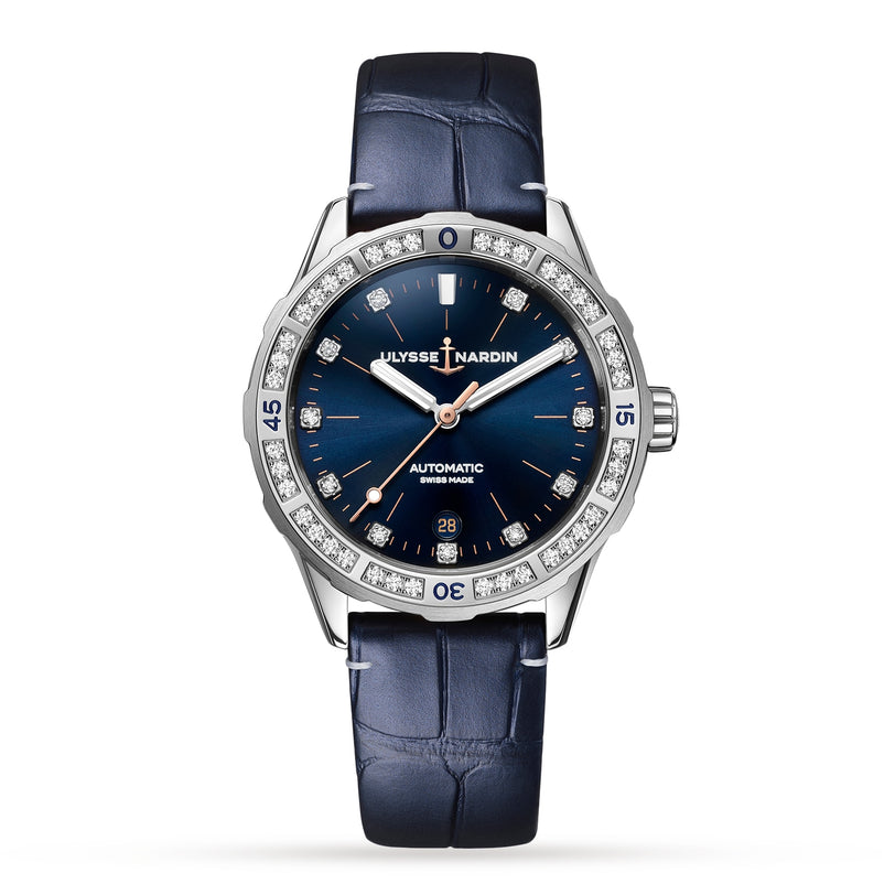 Ulysse Nardin Diver 39 features a blue leather strap, blue dial, diamond bezel, silver hour markers, date at 6 o’clock, and Automatic Swiss Made text.