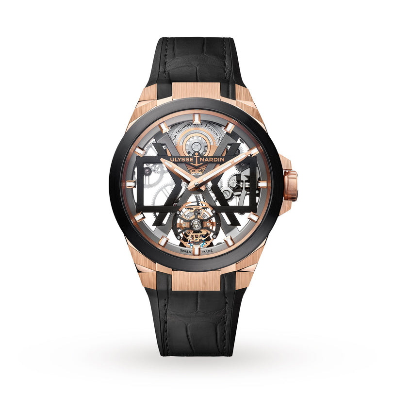 The Ulysse Nardin Blast Tourbillon is a luxury timepiece with a black leather strap and self-deploying buckle, a rose gold and black case, plus an open-worked dial showcasing its intricate mechanical components.