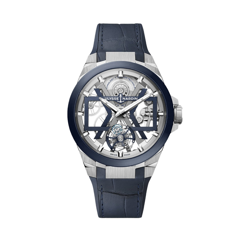 The Ulysse Nardin Blast Tourbillon is a luxury skeleton watch with exposed gears, a dark blue leather strap, signature branding, and a platinum micro-rotor for unmatched elegance and precision.