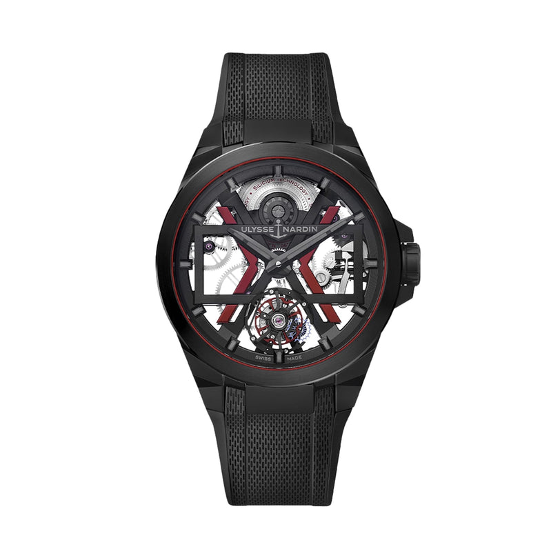 The Ulysse Nardin Blast Tourbillon features a black skeleton dial with red accents, exposed gears, and a textured black rubber strap.