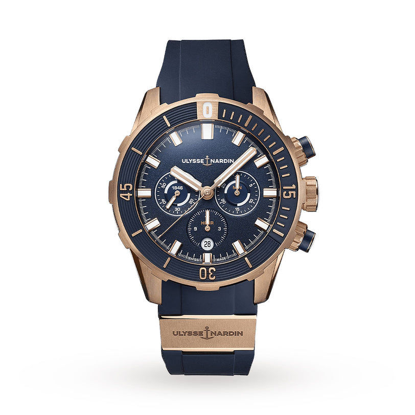 The Ulysse Nardin Diver Chronograph is a luxury wristwatch featuring a blue strap, gold case, and multiple dials set against a white background.