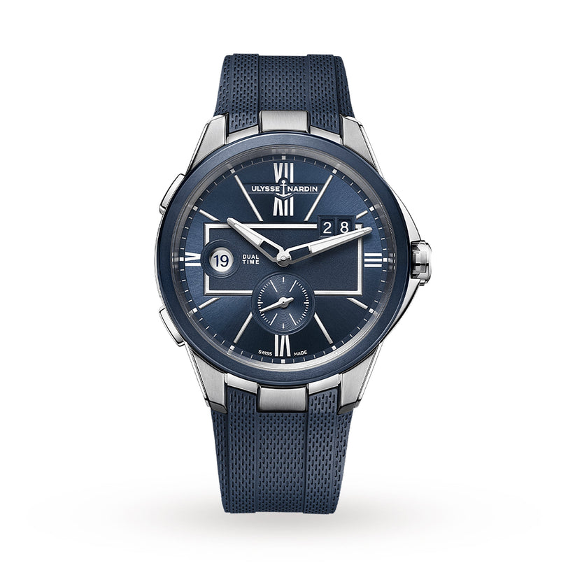 The Ulysse Nardin Blast Dual Time watch features a round blue face, dual time and date display, presented on a textured blue strap against a white background.